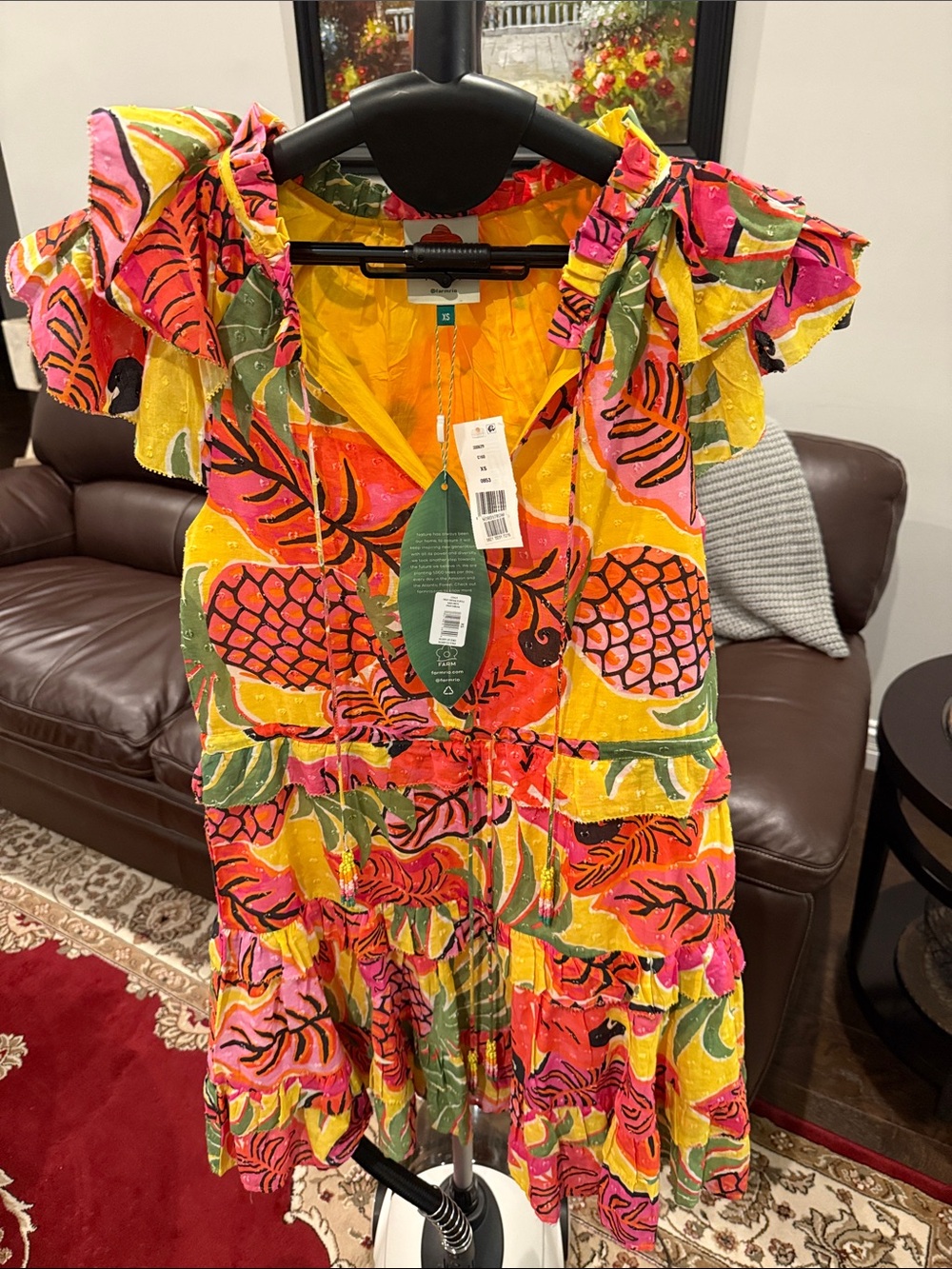 Farm Rio Yellow Tropical Print Ruffle Dress with Pink & Green Accents